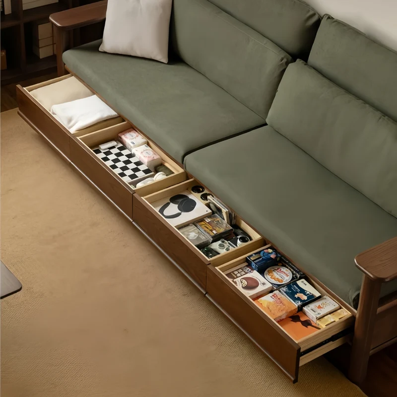 Sofá de madera maciza de roble con amplios reposabrazos, cajones de almacenamiento debajo y fundas extraíbles.
