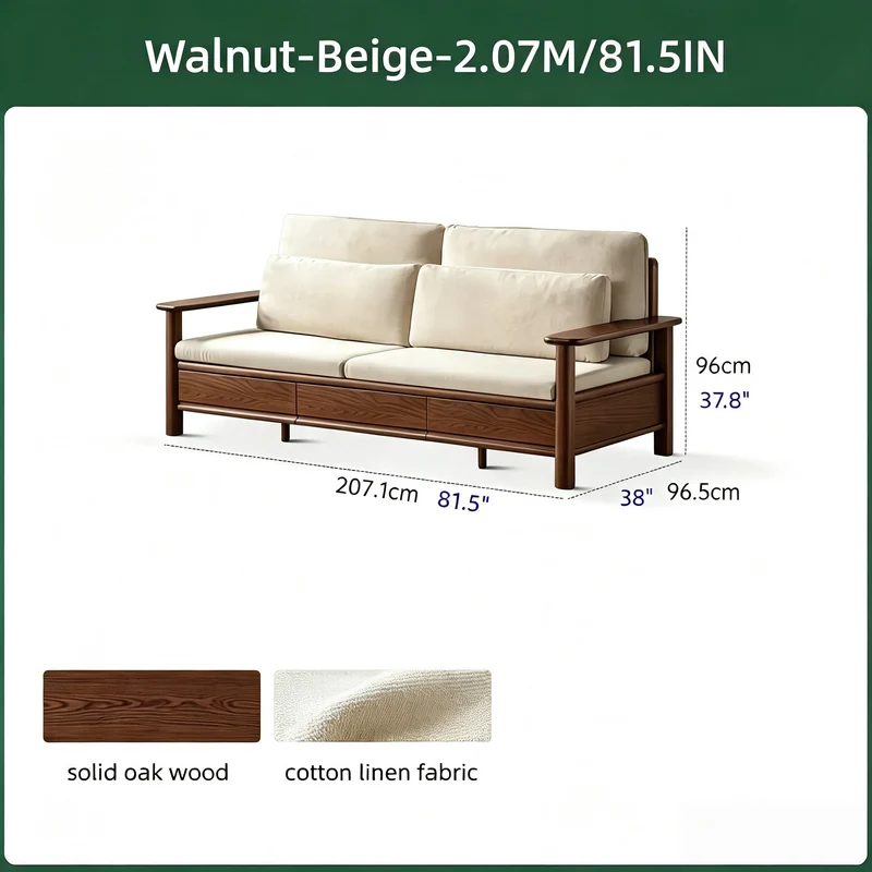 Sofá de madera maciza de roble con amplios reposabrazos, cajones de almacenamiento debajo y fundas extraíbles.