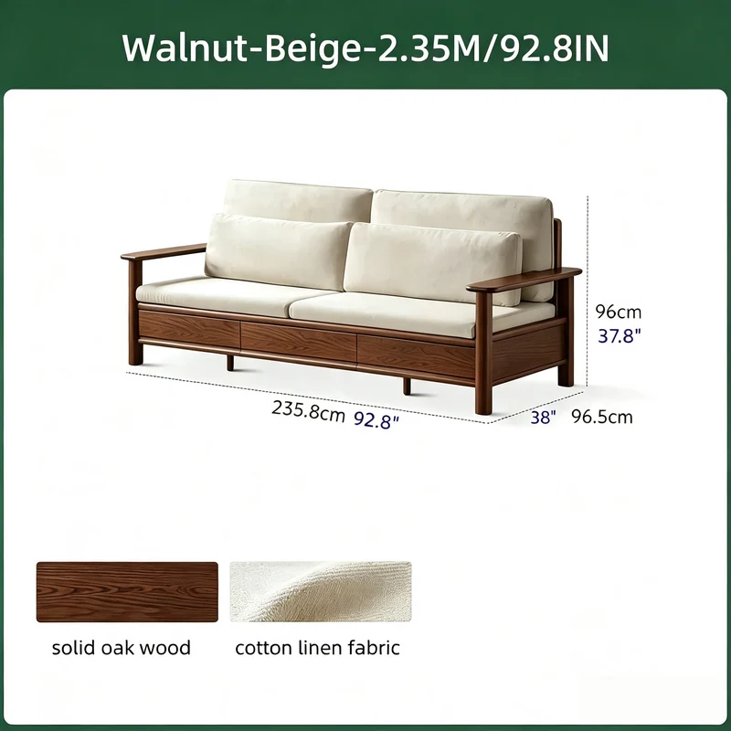 Sofá de madera maciza de roble con amplios reposabrazos, cajones de almacenamiento debajo y fundas extraíbles.