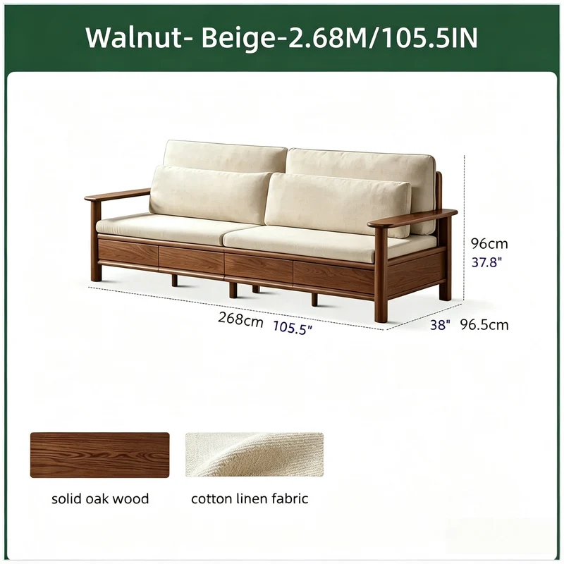 Sofá de madera maciza de roble con amplios reposabrazos, cajones de almacenamiento debajo y fundas extraíbles.