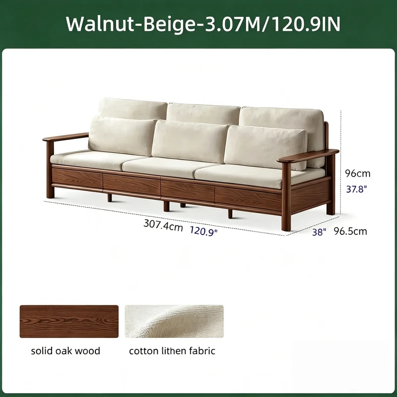 Sofá de madera maciza de roble con amplios reposabrazos, cajones de almacenamiento debajo y fundas extraíbles.