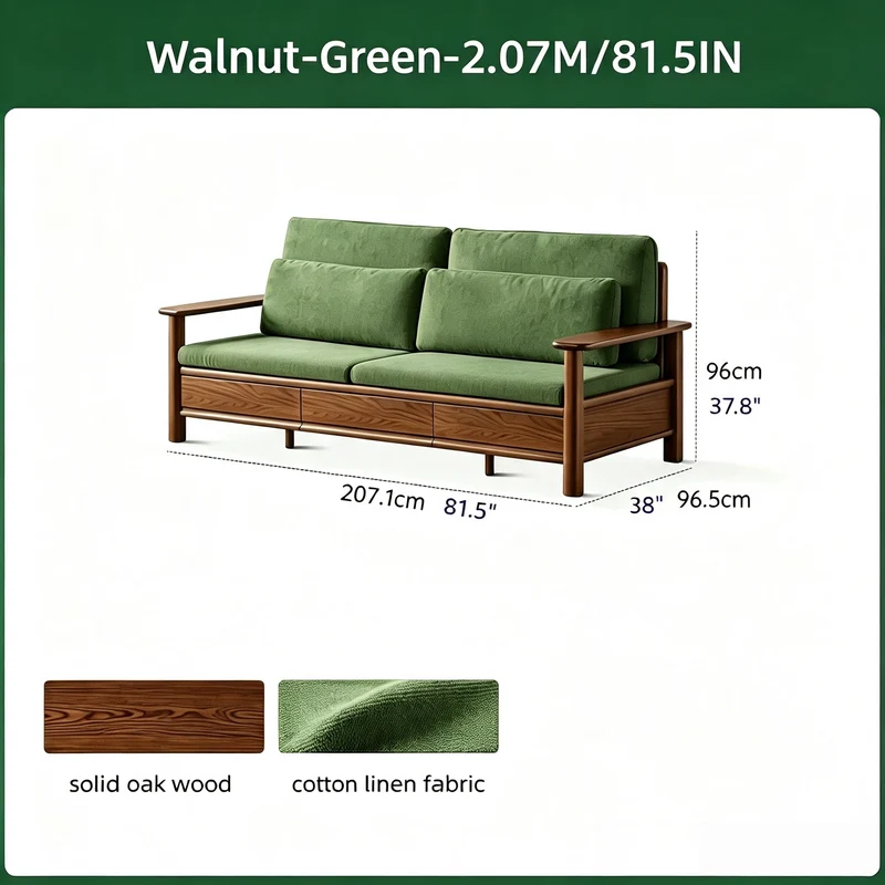 Sofá de madera maciza de roble con amplios reposabrazos, cajones de almacenamiento debajo y fundas extraíbles.