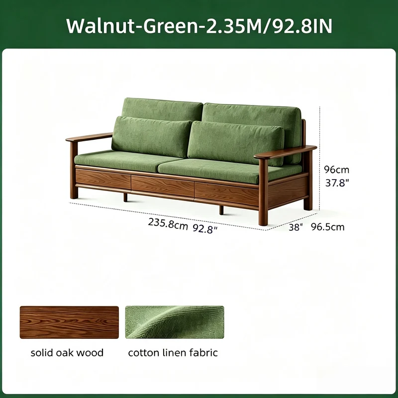 Sofá de madera maciza de roble con amplios reposabrazos, cajones de almacenamiento debajo y fundas extraíbles.