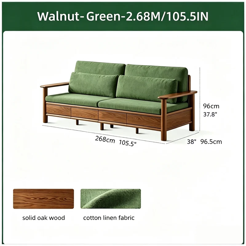 Sofá de madera maciza de roble con amplios reposabrazos, cajones de almacenamiento debajo y fundas extraíbles.