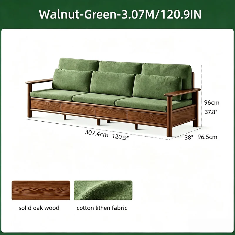 Sofá de madera maciza de roble con amplios reposabrazos, cajones de almacenamiento debajo y fundas extraíbles.