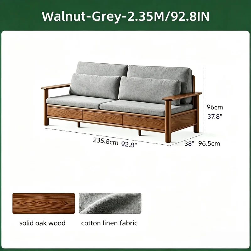 Sofá de madera maciza de roble con amplios reposabrazos, cajones de almacenamiento debajo y fundas extraíbles.