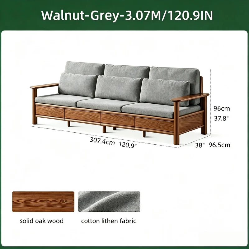 Sofá de madera maciza de roble con amplios reposabrazos, cajones de almacenamiento debajo y fundas extraíbles.
