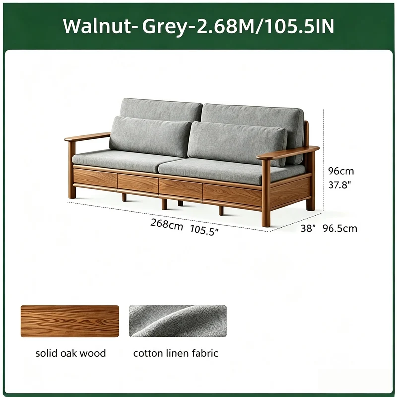 Sofá de madera maciza de roble con amplios reposabrazos, cajones de almacenamiento debajo y fundas extraíbles.