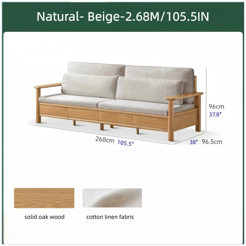 Sofá de madera maciza de roble con amplios reposabrazos, cajones de almacenamiento debajo y fundas extraíbles.