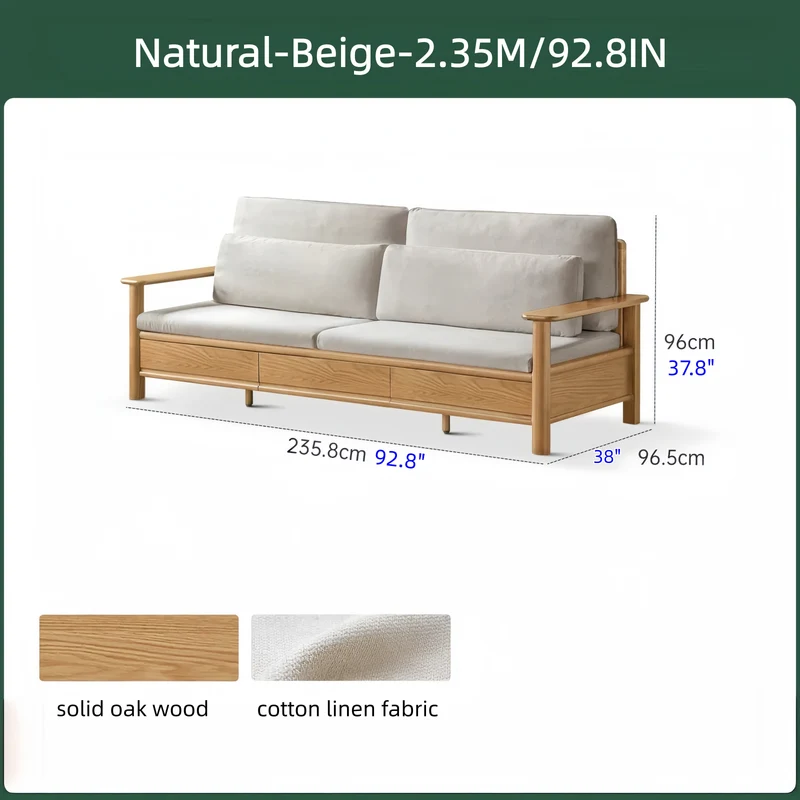 Sofá de madera maciza de roble con amplios reposabrazos, cajones de almacenamiento debajo y fundas extraíbles.