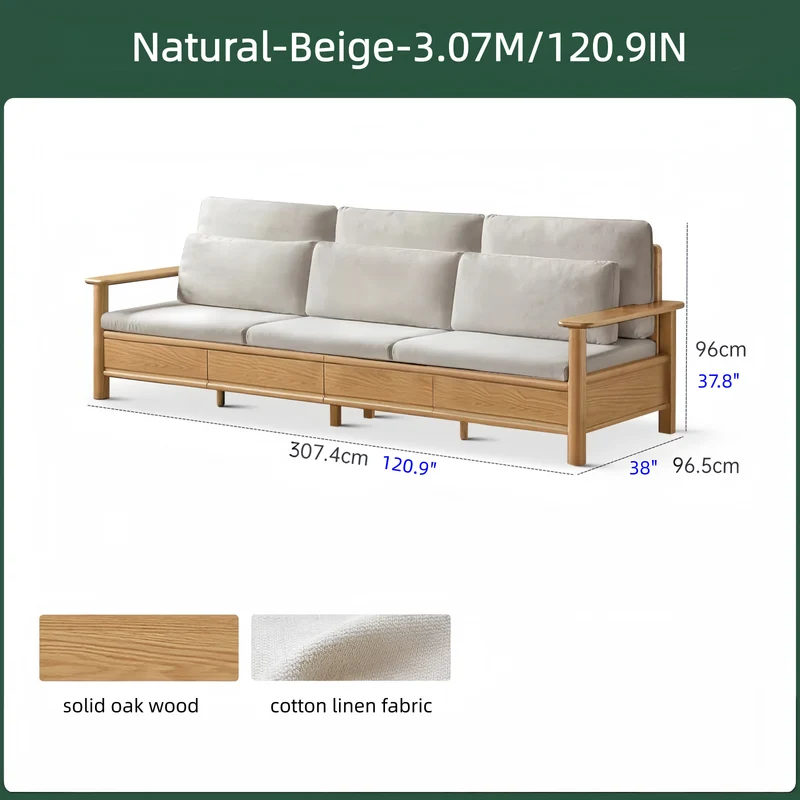 Sofá de madera maciza de roble con amplios reposabrazos, cajones de almacenamiento debajo y fundas extraíbles.