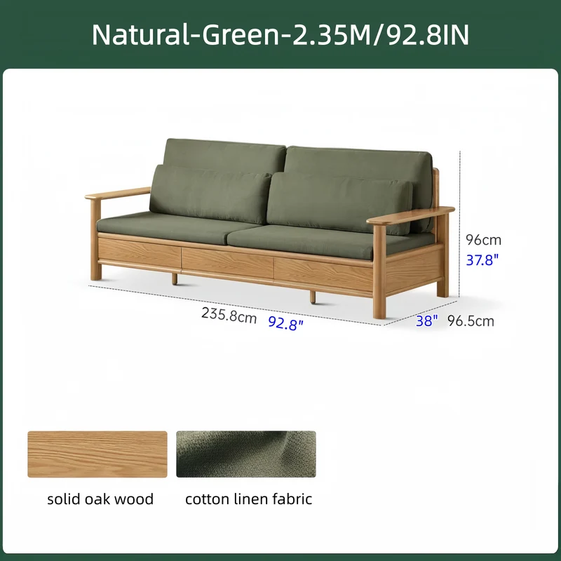 Sofá de madera maciza de roble con amplios reposabrazos, cajones de almacenamiento debajo y fundas extraíbles.