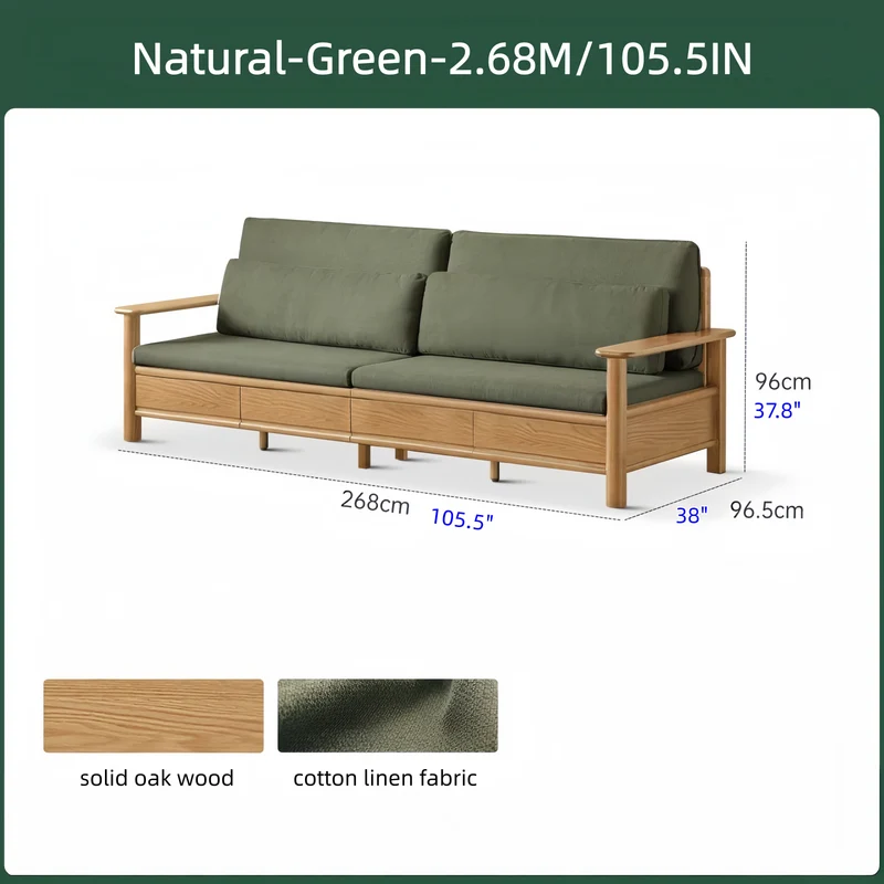 Sofá de madera maciza de roble con amplios reposabrazos, cajones de almacenamiento debajo y fundas extraíbles.