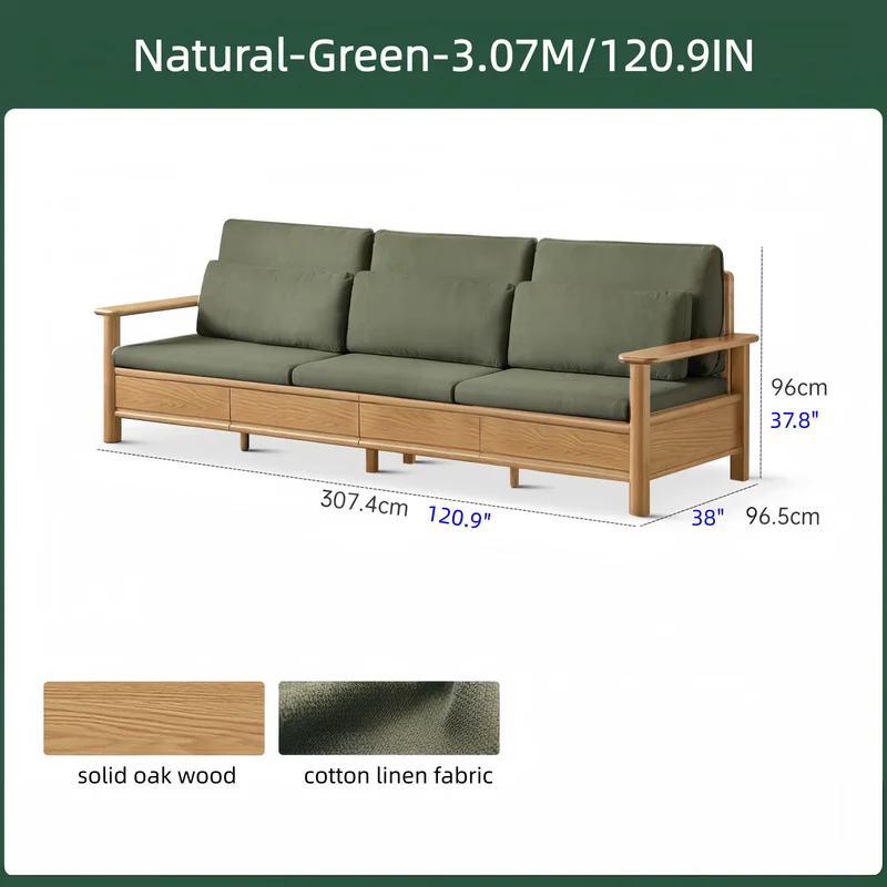 Sofá de madera maciza de roble con amplios reposabrazos, cajones de almacenamiento debajo y fundas extraíbles.