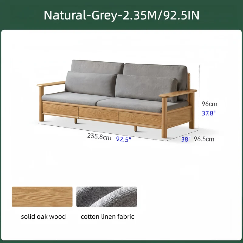 Sofá de madera maciza de roble con amplios reposabrazos, cajones de almacenamiento debajo y fundas extraíbles.