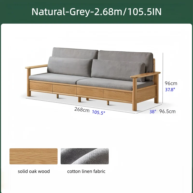 Sofá de madera maciza de roble con amplios reposabrazos, cajones de almacenamiento debajo y fundas extraíbles.