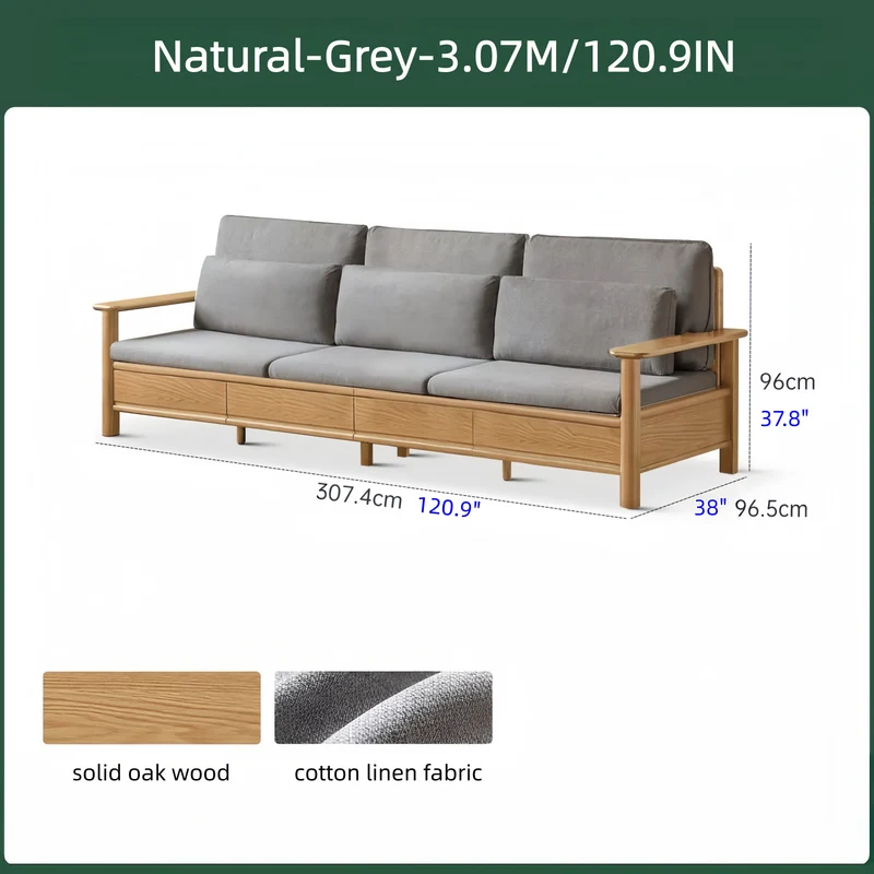 Sofá de madera maciza de roble con amplios reposabrazos, cajones de almacenamiento debajo y fundas extraíbles.