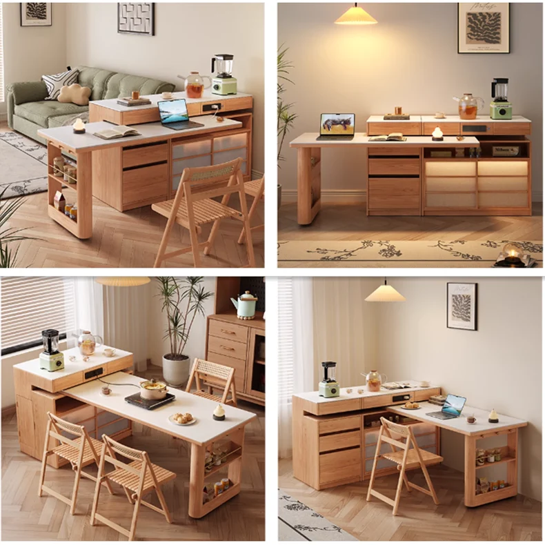 Mesa de isla giratoria con almacenamiento para sillas y aparador