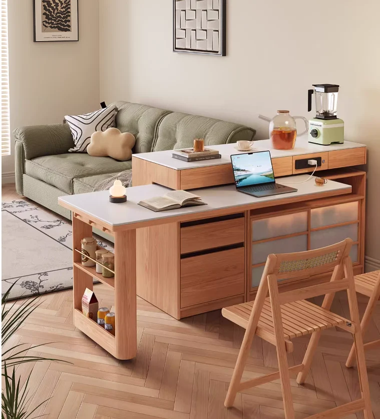 Mesa de isla giratoria con almacenamiento para sillas y aparador