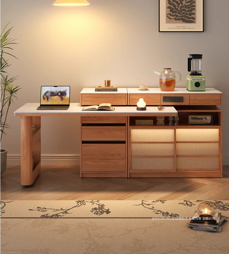 Mesa de isla giratoria con almacenamiento para sillas y aparador