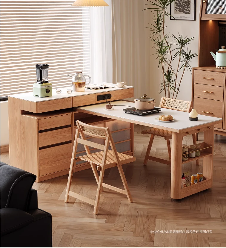 Mesa de isla giratoria con almacenamiento para sillas y aparador