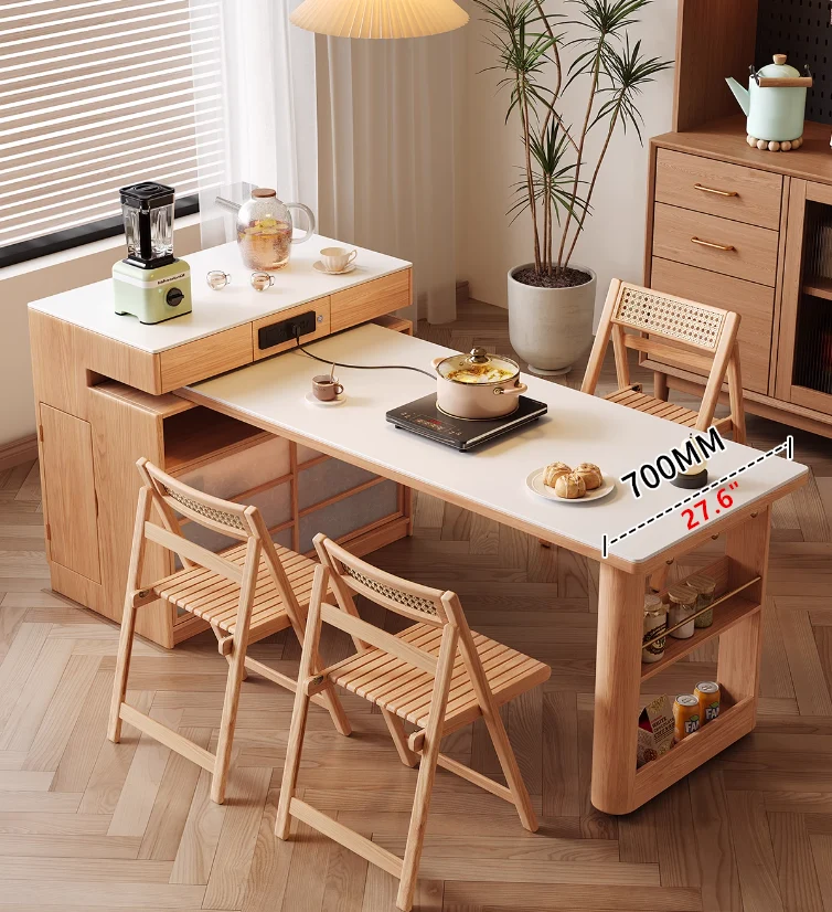 Mesa de isla giratoria con almacenamiento para sillas y aparador