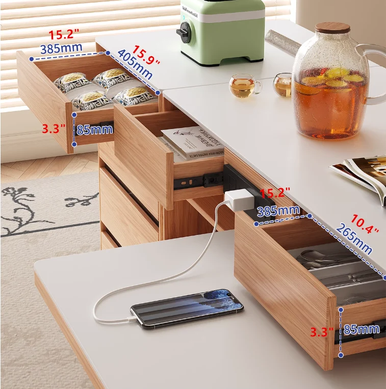 Mesa de isla giratoria con almacenamiento para sillas y aparador