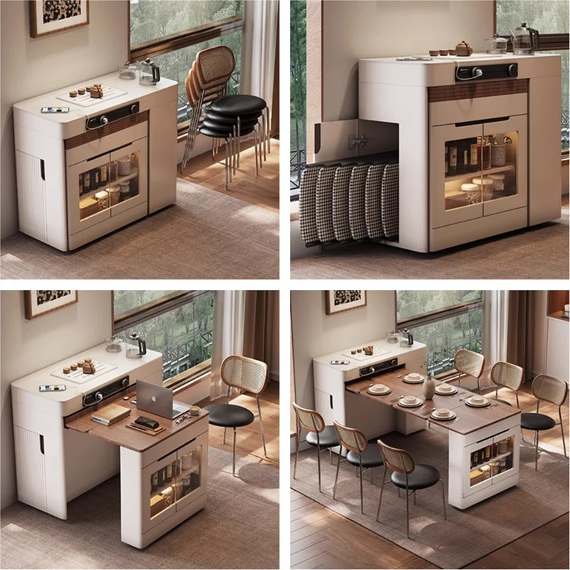 Mesa de isla de cocina que ahorra espacio con hojas y ruedas universales