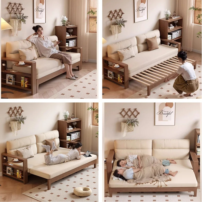 Sofá cama retráctil multifuncional con amplio reposabrazos y estante de almacenamiento
