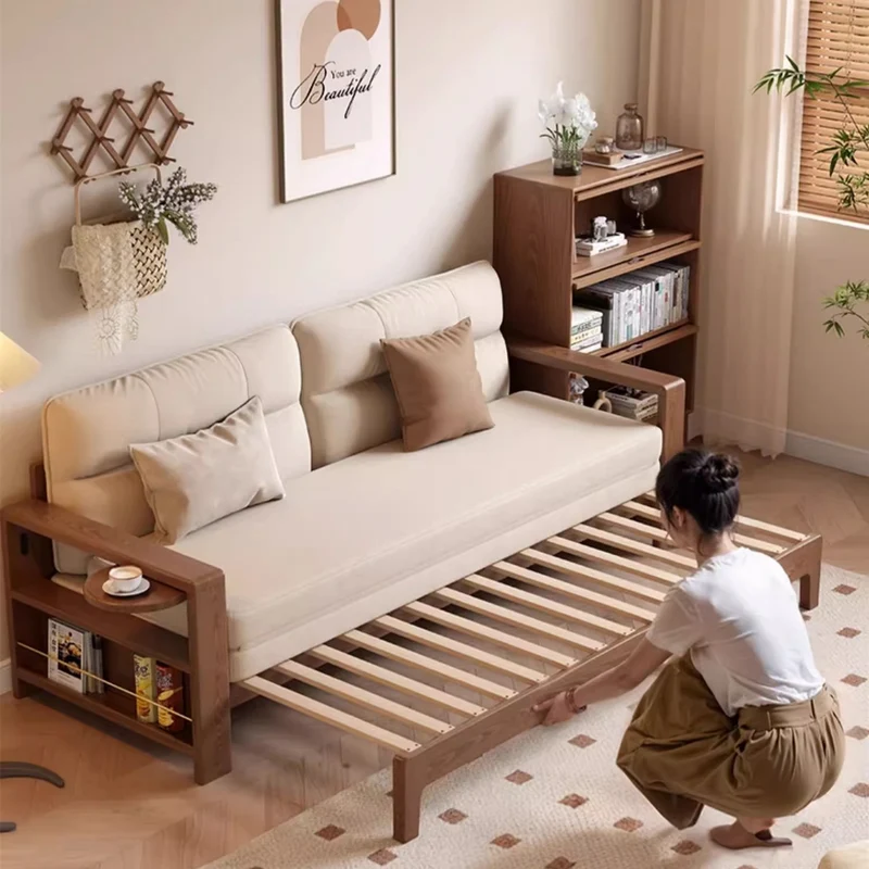 Sofá cama retráctil multifuncional con amplio reposabrazos y estante de almacenamiento