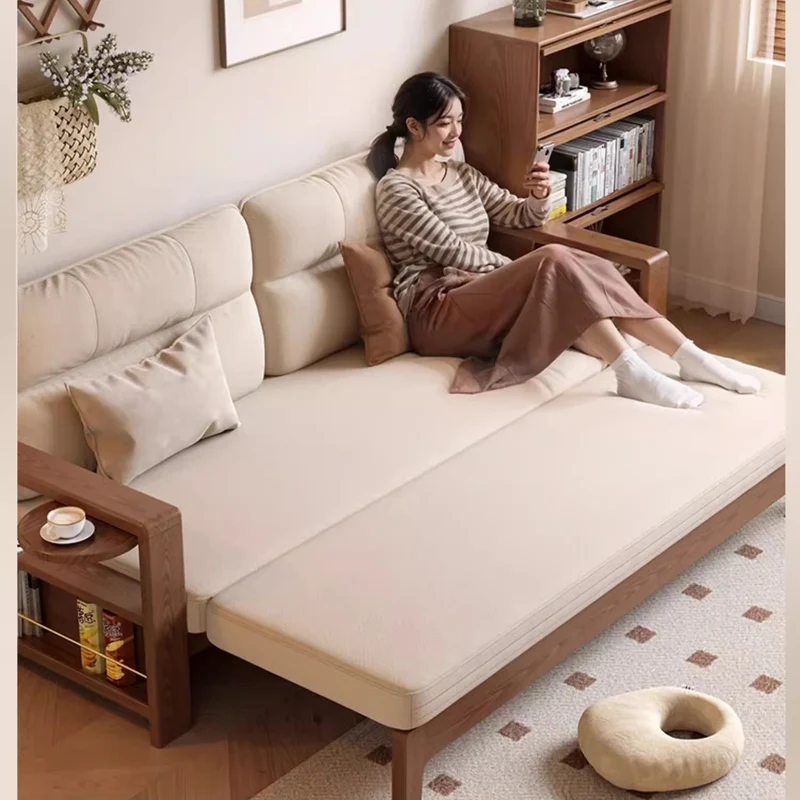 Sofá cama retráctil multifuncional con amplio reposabrazos y estante de almacenamiento