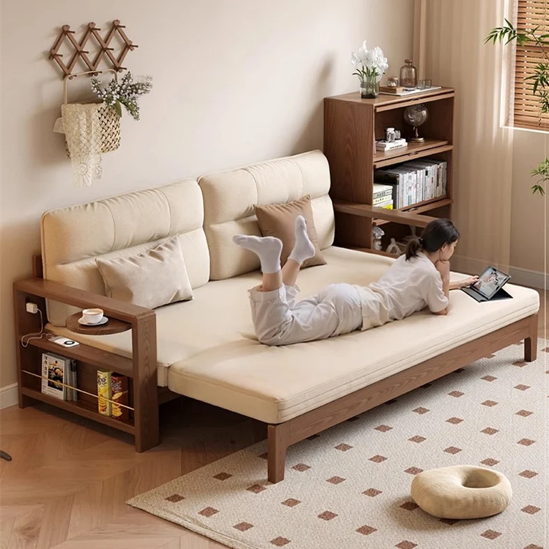 Sofá cama retráctil multifuncional con amplio reposabrazos y estante de almacenamiento