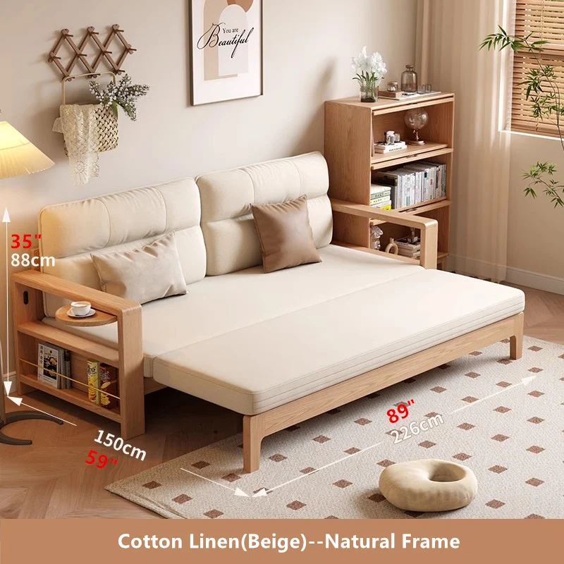 Sofá cama retráctil multifuncional con amplio reposabrazos y estante de almacenamiento