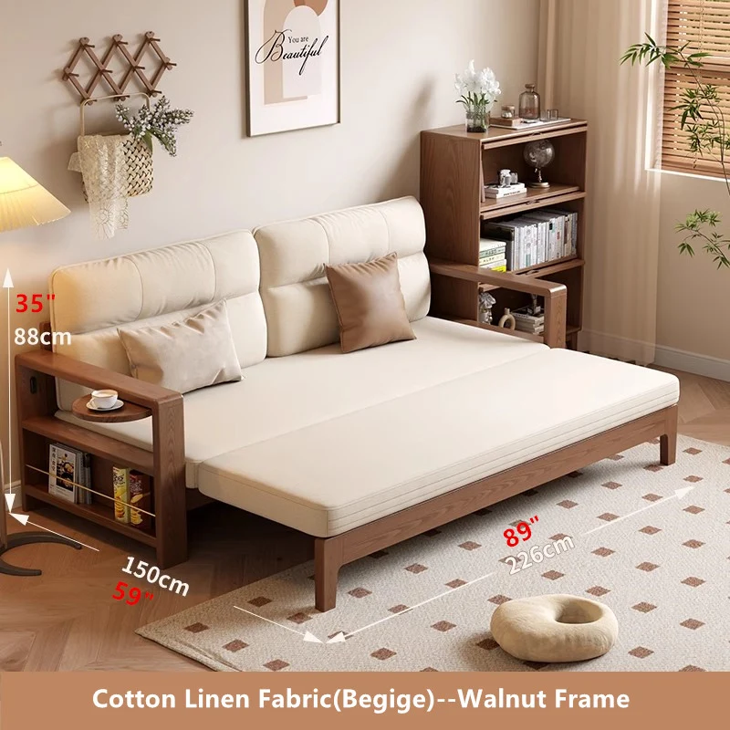 Sofá cama retráctil multifuncional con amplio reposabrazos y estante de almacenamiento