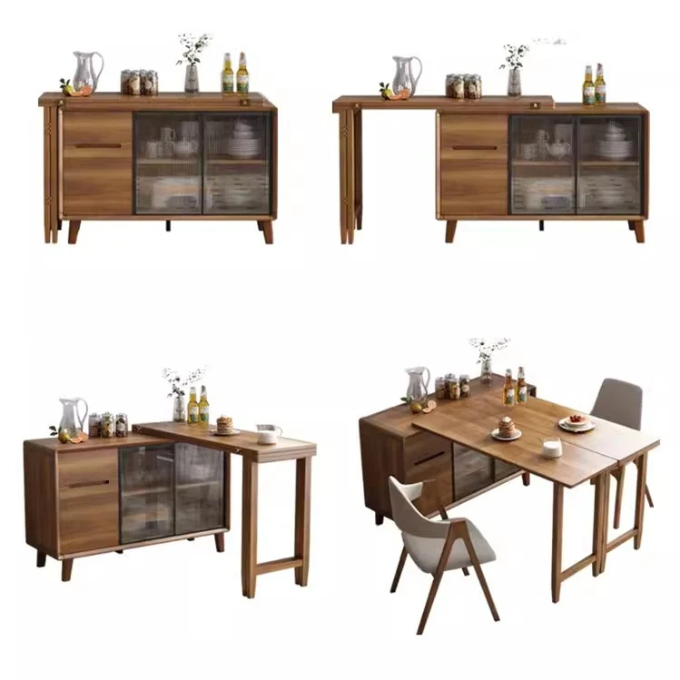 Mesa de comedor plegable y gabinete en uno con puertas corredizas de vidrio y cajones de almacenamiento