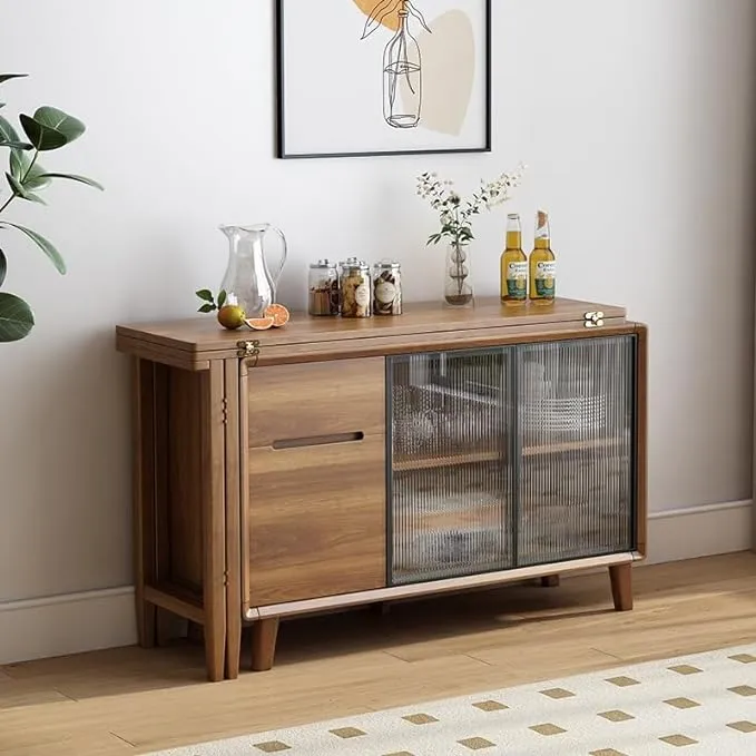 Mesa de comedor plegable y gabinete en uno con puertas corredizas de vidrio y cajones de almacenamiento