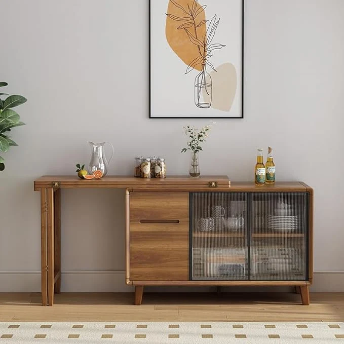 Mesa de comedor plegable y gabinete en uno con puertas corredizas de vidrio y cajones de almacenamiento