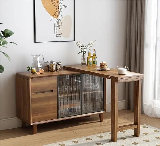 Mesa de comedor plegable y gabinete en uno con puertas corredizas de vidrio y cajones de almacenamiento