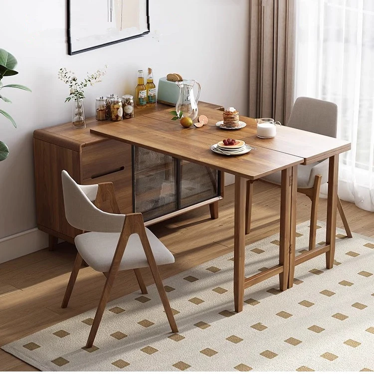 Mesa de comedor plegable y gabinete en uno con puertas corredizas de vidrio y cajones de almacenamiento