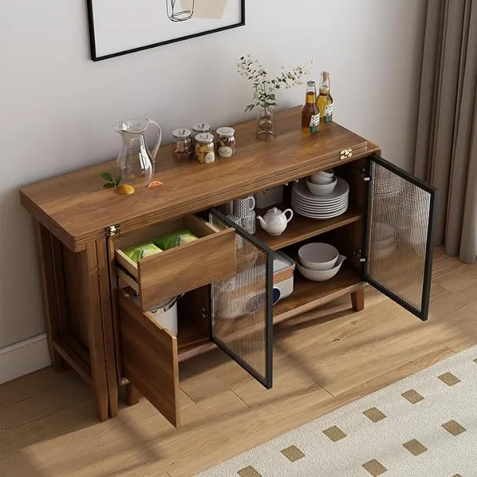 Mesa de comedor plegable y gabinete en uno con puertas corredizas de vidrio y cajones de almacenamiento