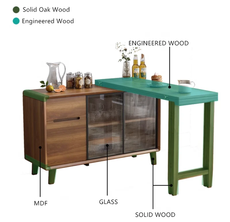 Mesa de comedor plegable y gabinete en uno con puertas corredizas de vidrio y cajones de almacenamiento
