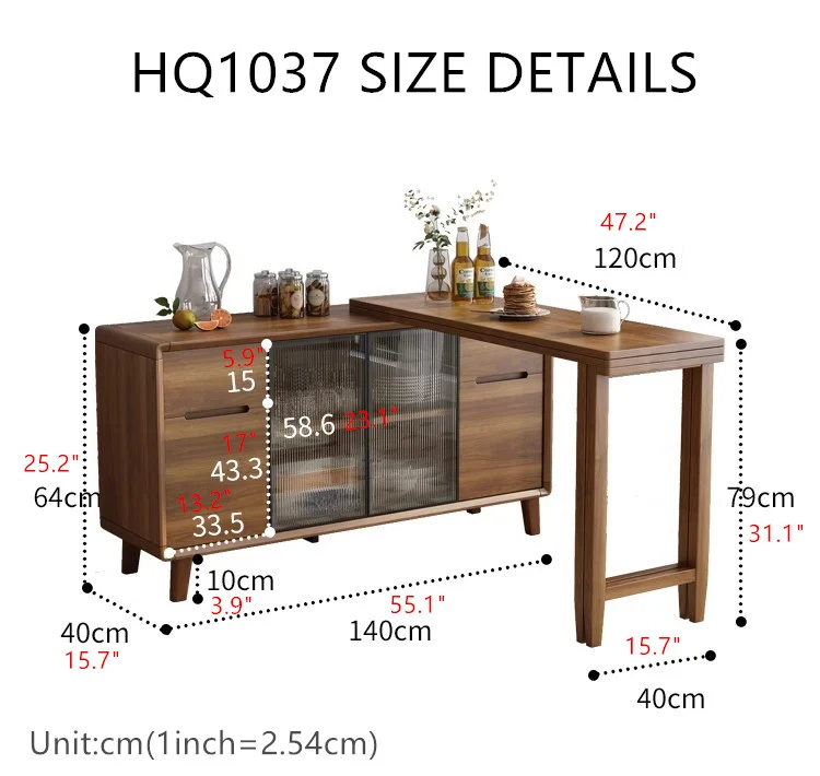 Mesa de comedor plegable y gabinete en uno con puertas corredizas de vidrio y cajones de almacenamiento