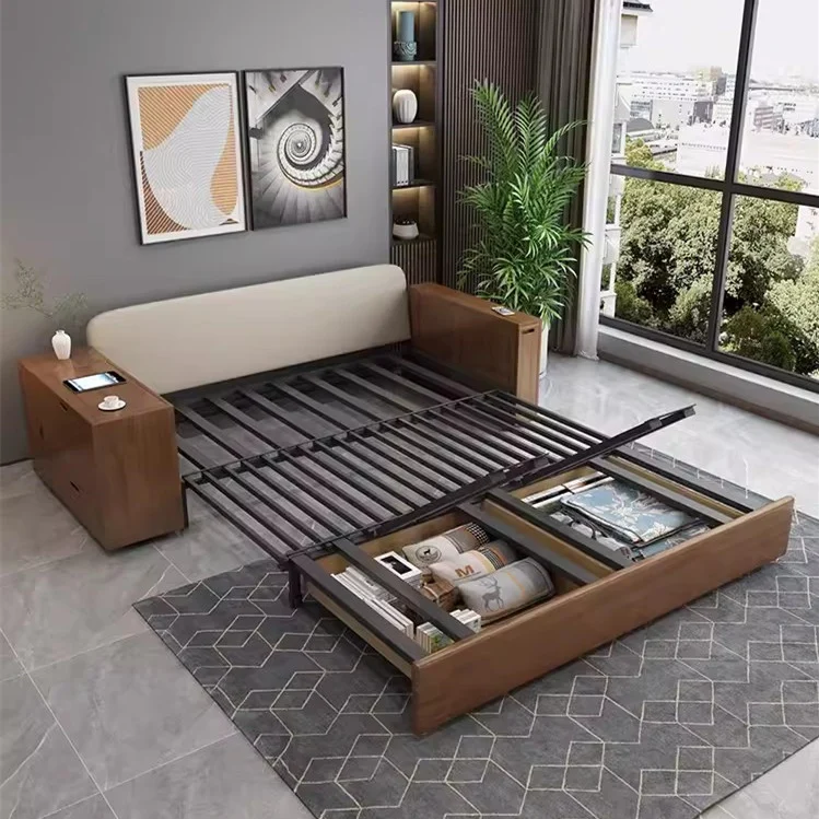 Sofá cama multifunción con reposabrazos de mesa de té Gongfu y almacenamiento debajo