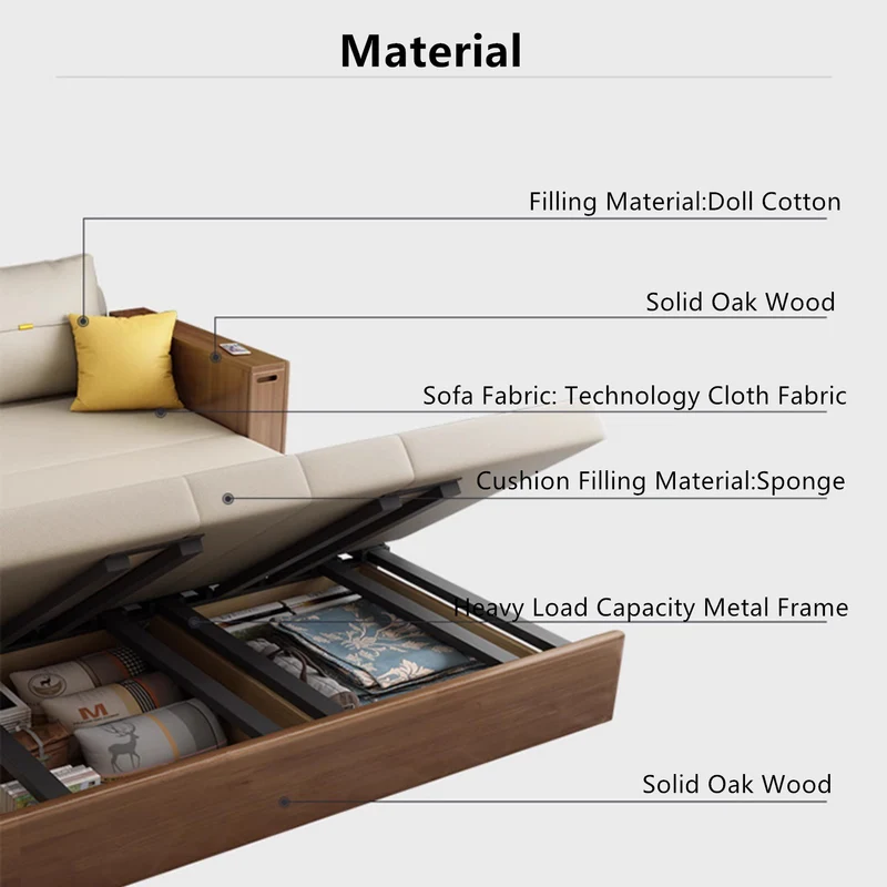 Sofá cama multifunción con reposabrazos de mesa de té Gongfu y almacenamiento debajo