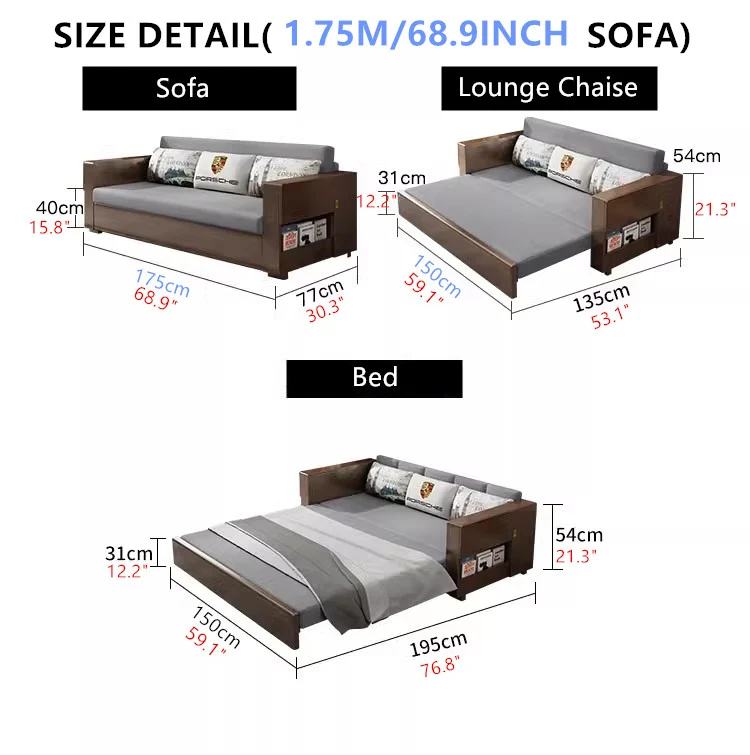 Juego de sofá cama convertible y chaise lounge con almacenamiento debajo