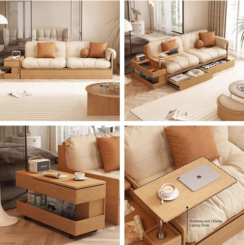 Sofá de tela multifuncional con almacenamiento alto, mesa con reposabrazos y cajones
