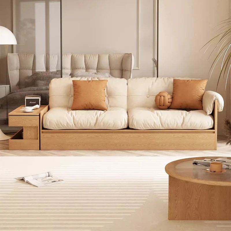 Sofá de tela multifuncional con almacenamiento alto, mesa con reposabrazos y cajones