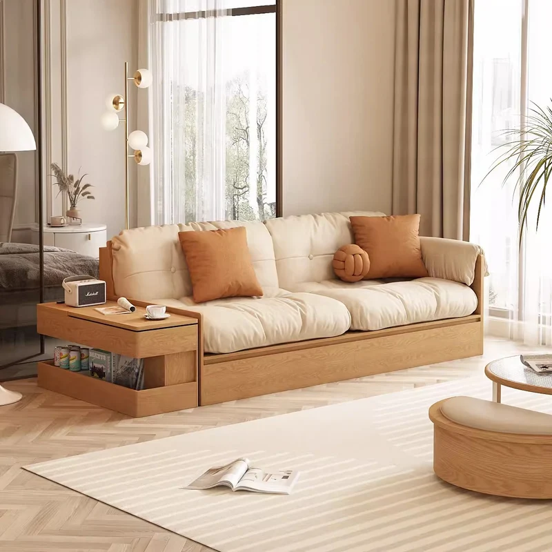Sofá de tela multifuncional con almacenamiento alto, mesa con reposabrazos y cajones