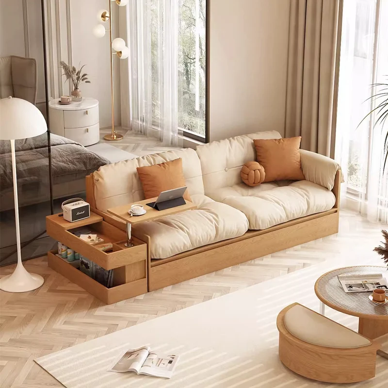 Sofá de tela multifuncional con almacenamiento alto, mesa con reposabrazos y cajones