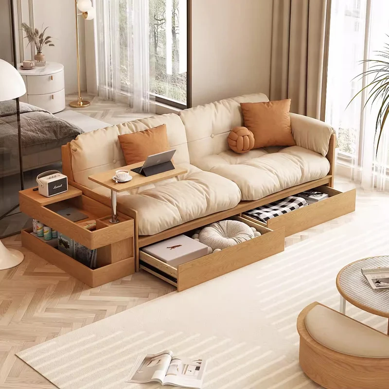 Sofá de tela multifuncional con almacenamiento alto, mesa con reposabrazos y cajones